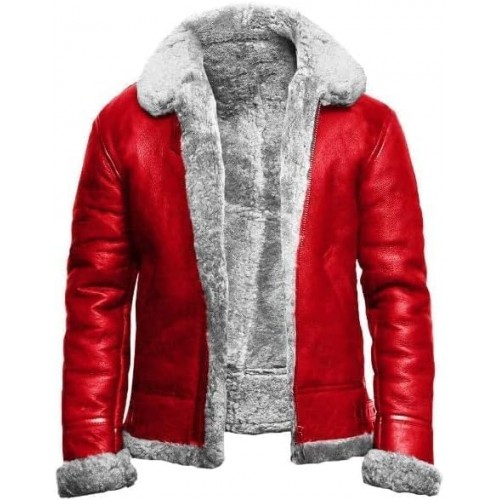 Men's Real B3 Bomber Shearling Aviator Christmas Holiday Red A2 Real Leather Santa Claus Leather Winter Jacket